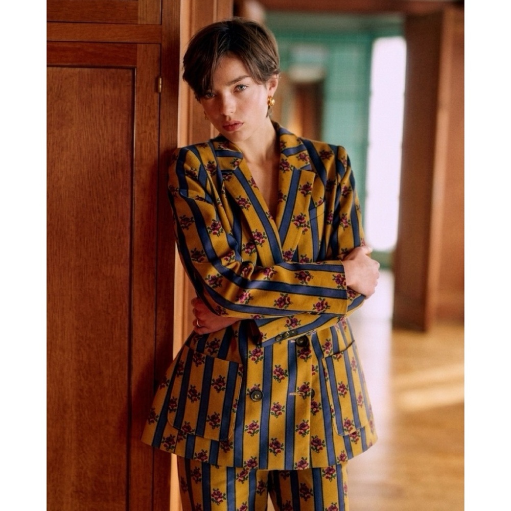 Sezane x MDLO Estrella Blazer Jacket (Sz EU 34) Cotton Velvet Stripe Floral
